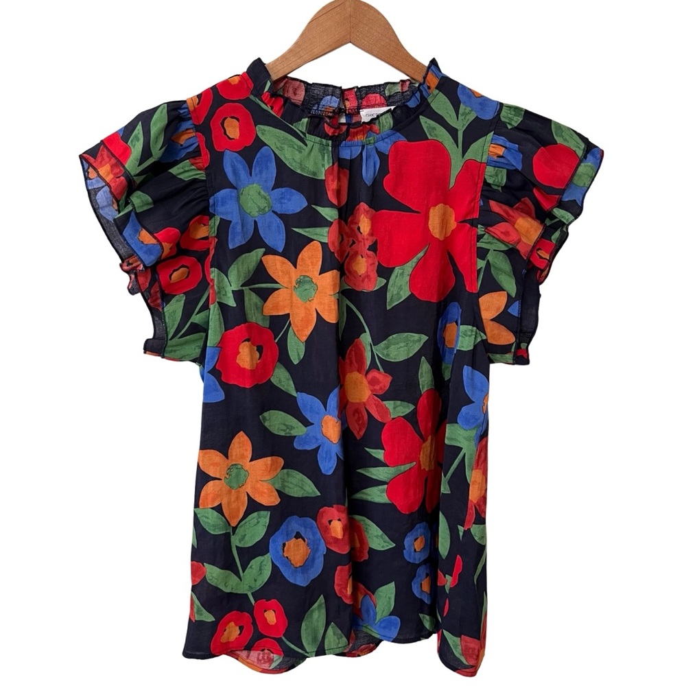 Chicsoul Bright Floral Top Ruffle Sleeves Ruffle Woman’s 1X Bold Lightweight